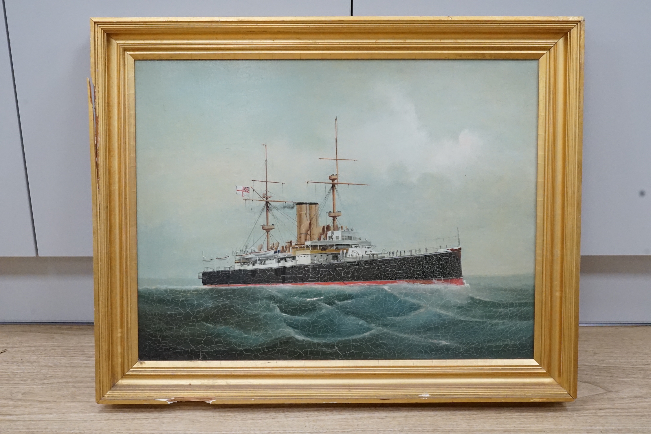 English School c.1900, oil on board, British naval steam powered warship at sea, 44 x 58cm